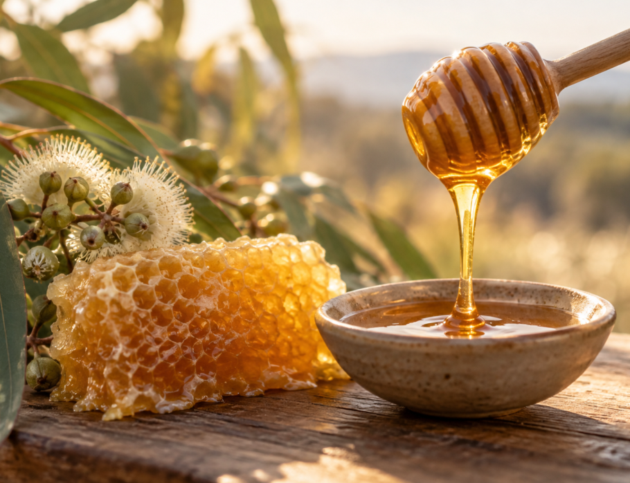 Golden pure honey dripping from a dipper beside honeycomb and eucalyptus blossom