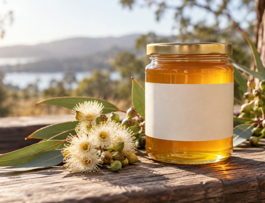 Jar of raw golden honey beside eucalyptus blossom on a wooden bench