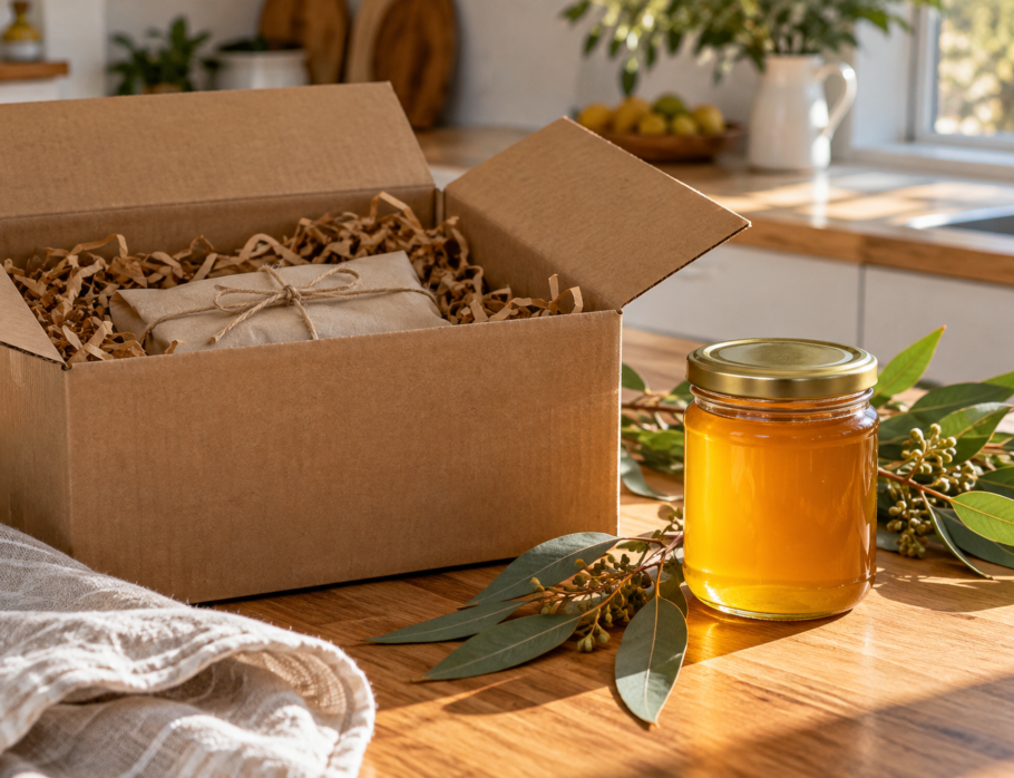 Opened shipping box with a sealed jar of raw golden honey on a Queensland kitchen bench