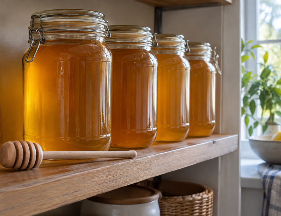 Glass jars of raw golden honey on a cool Queensland pantry shelf