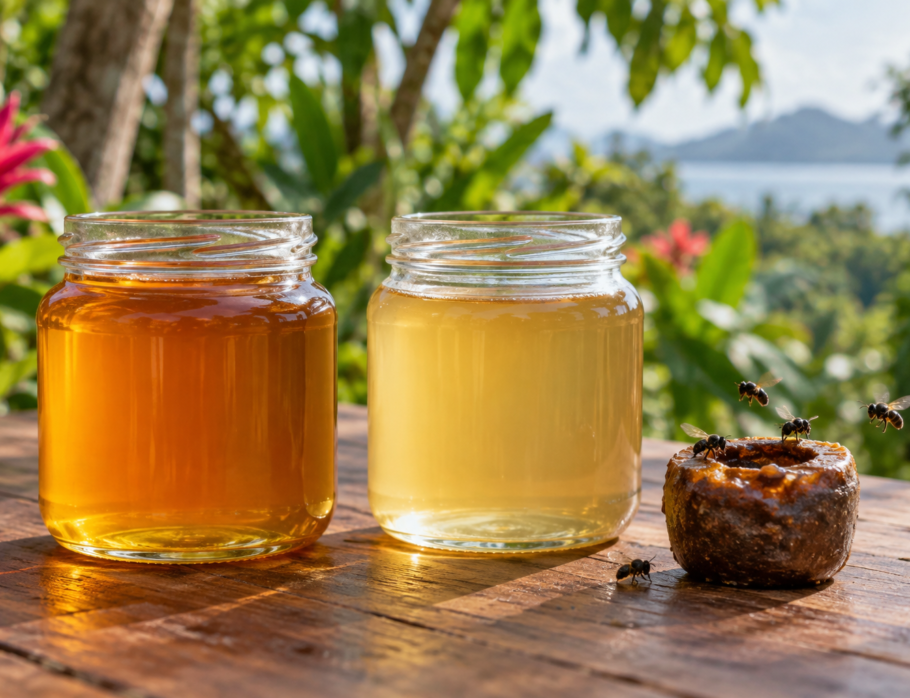 Jars of hive honey and native sugarbag honey beside a stingless bee resin pot