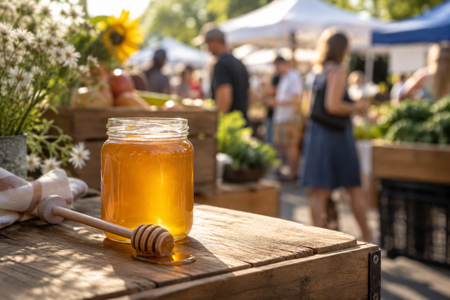Jar of raw golden honey and a wooden dipper on a Brisbane farmers market table