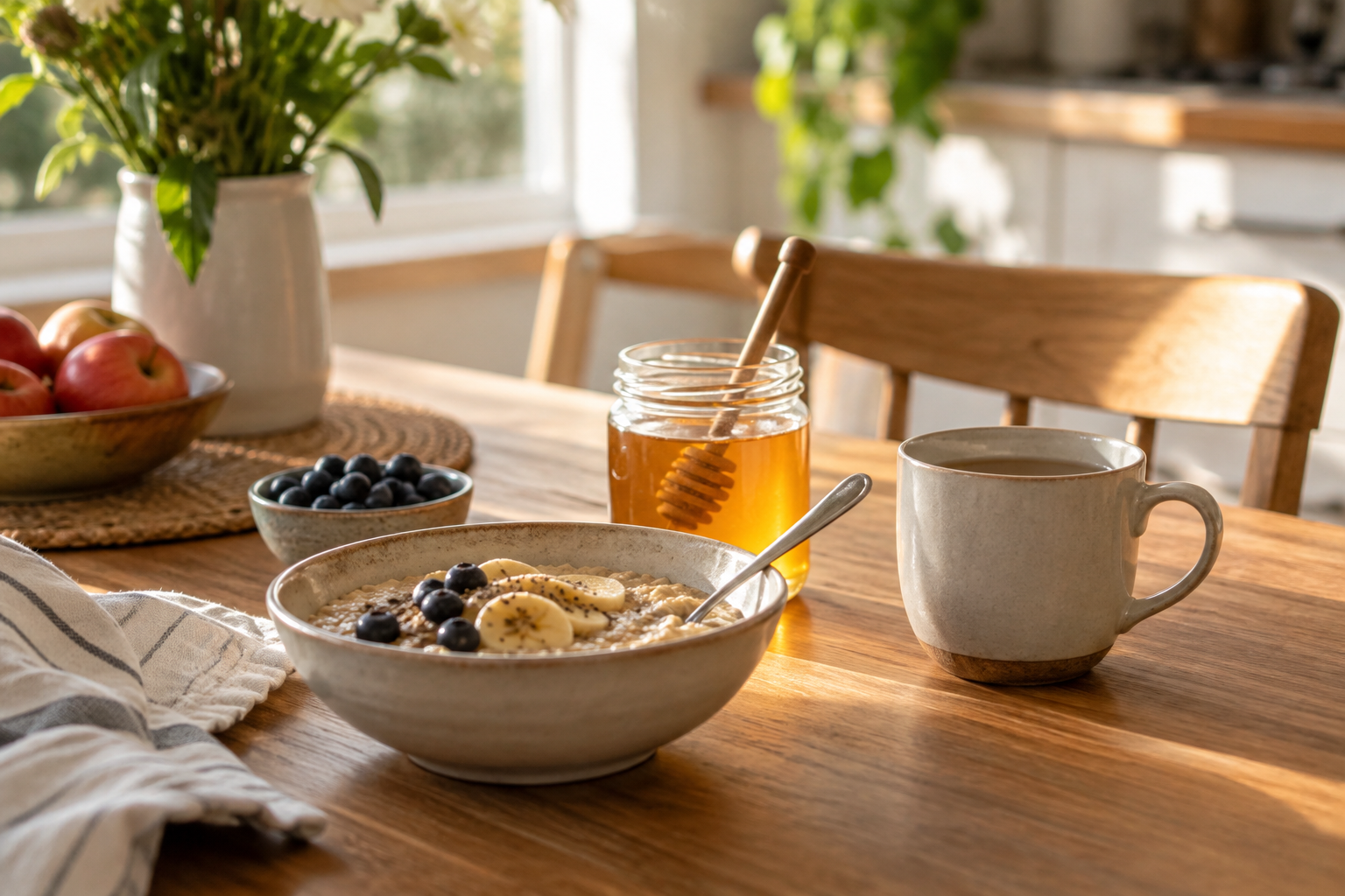 Jar of raw honey beside a bowl of porridge on a family kitchen table