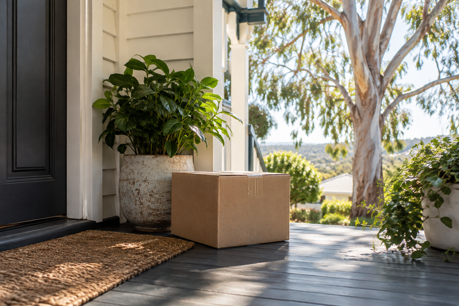 Parcel box on a shaded Queensland front porch awaiting collection