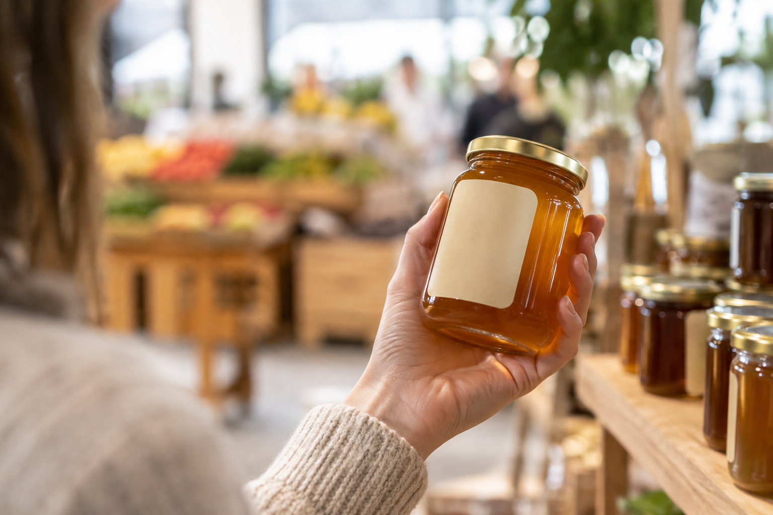 Shopper inspecting the back of a honey jar at a Gold Coast market