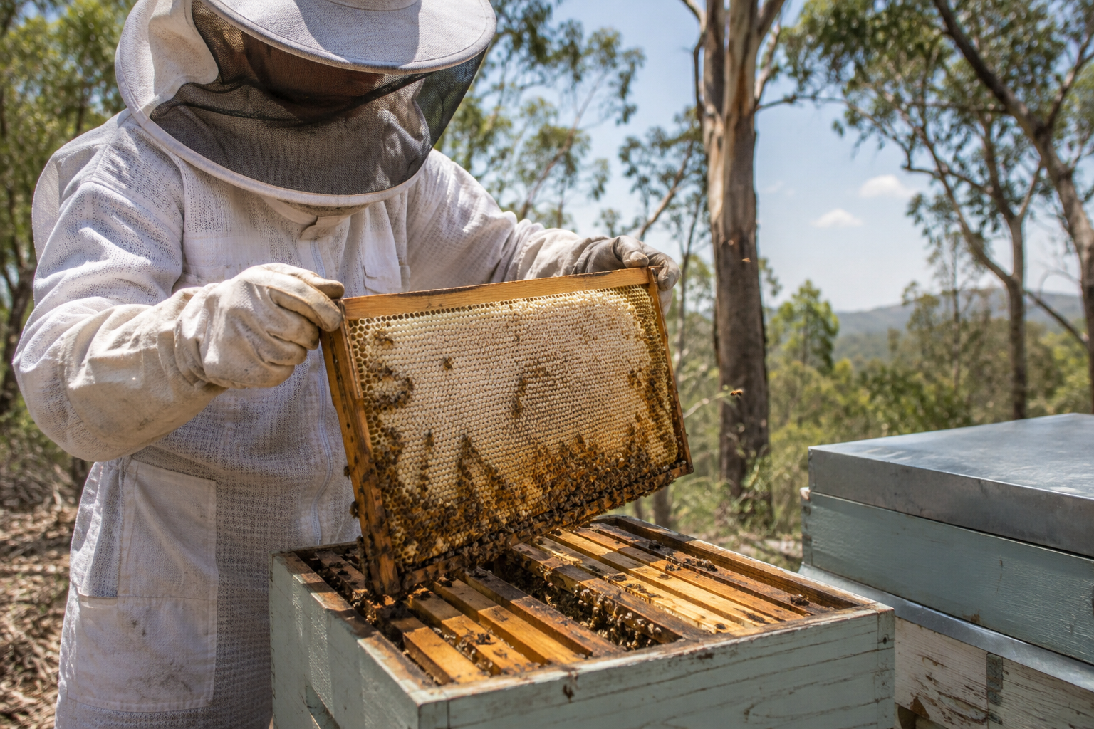 Beekeeper lifting a frame of capped honeycomb from a hive in Queensland bushland
