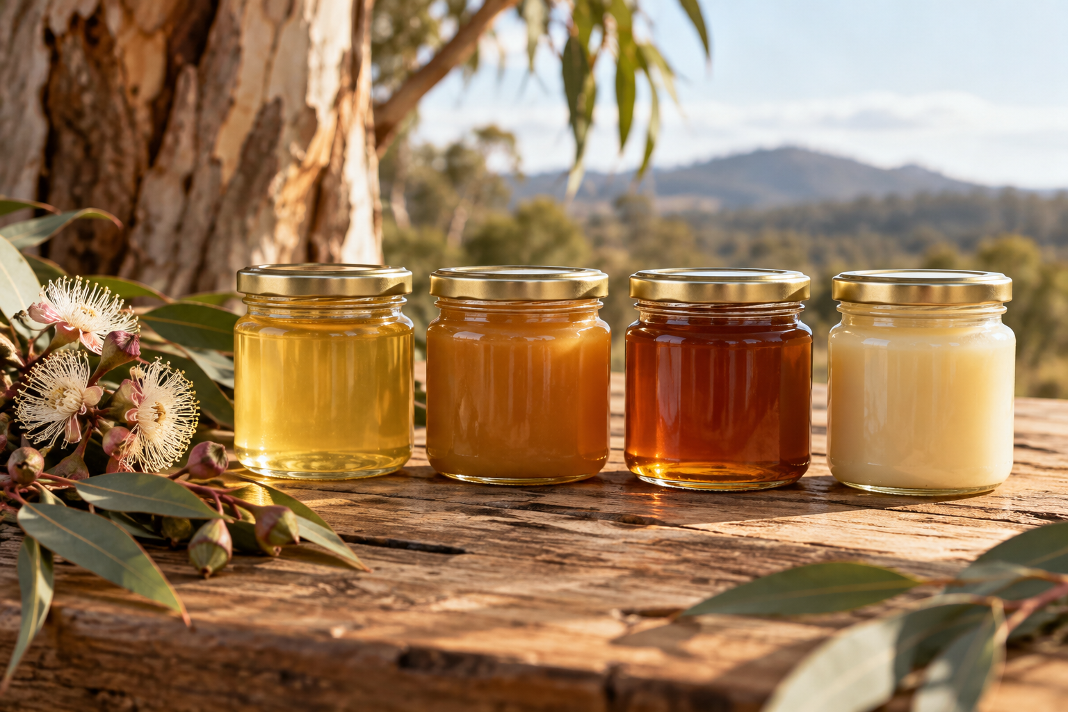 Four jars of raw honey in different colours beside native gum blossom