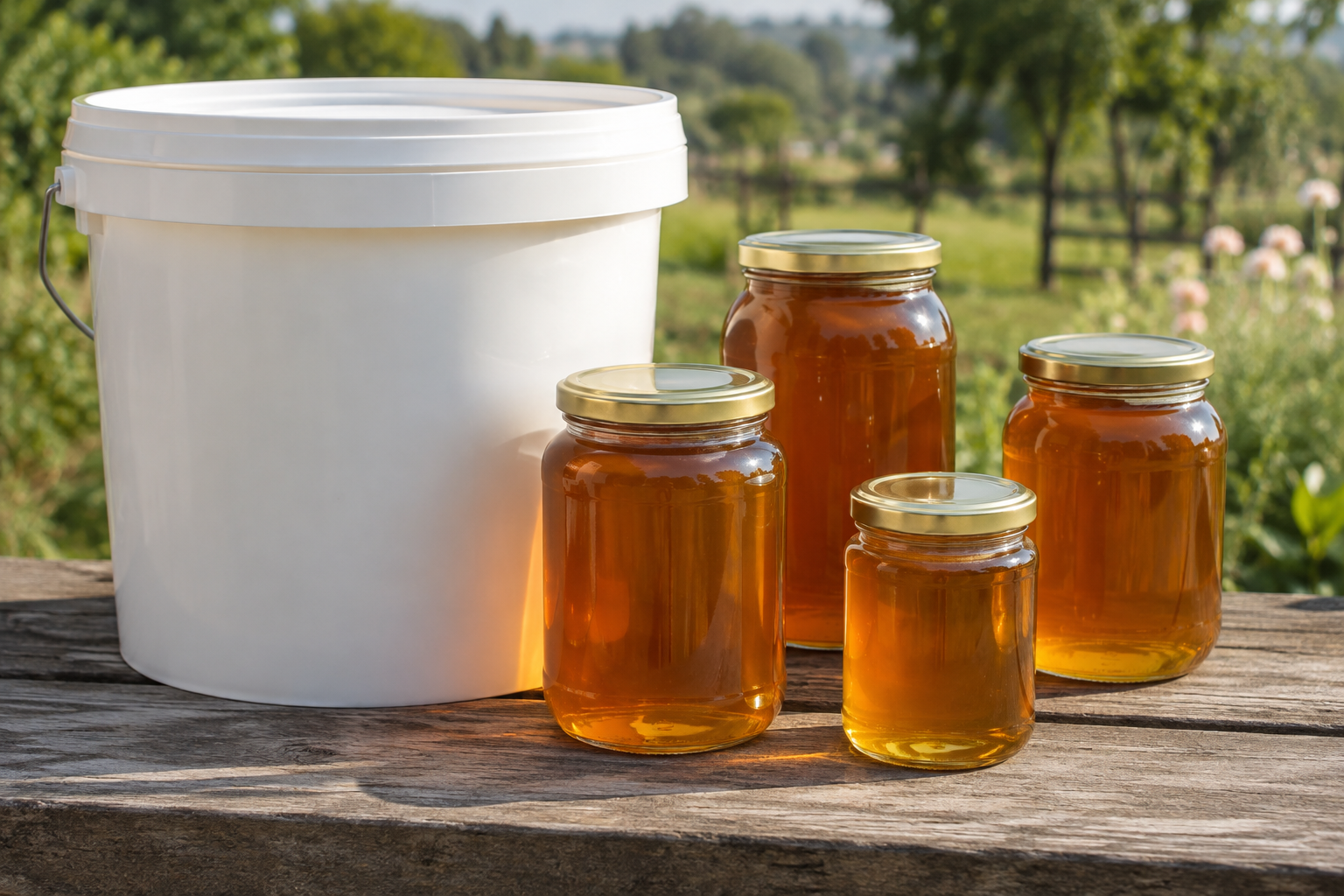 Food-grade bucket and sealed glass jars of raw honey on a timber bench