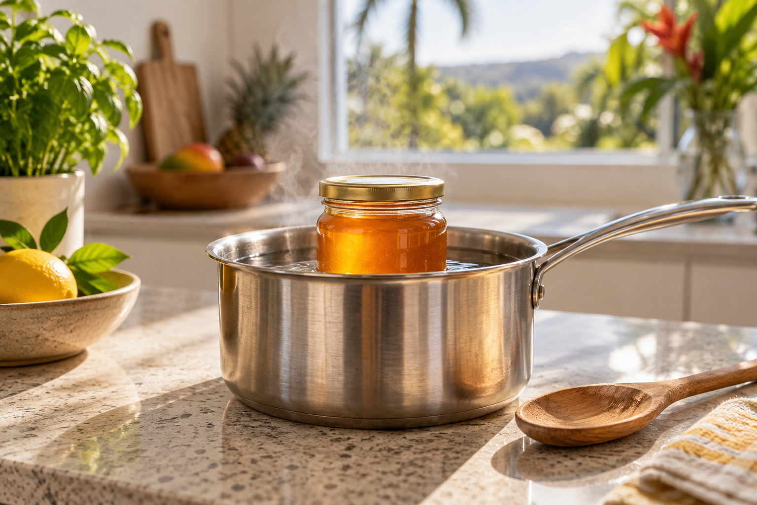 Honey jar warming gently in a saucepan of water on a Queensland kitchen bench