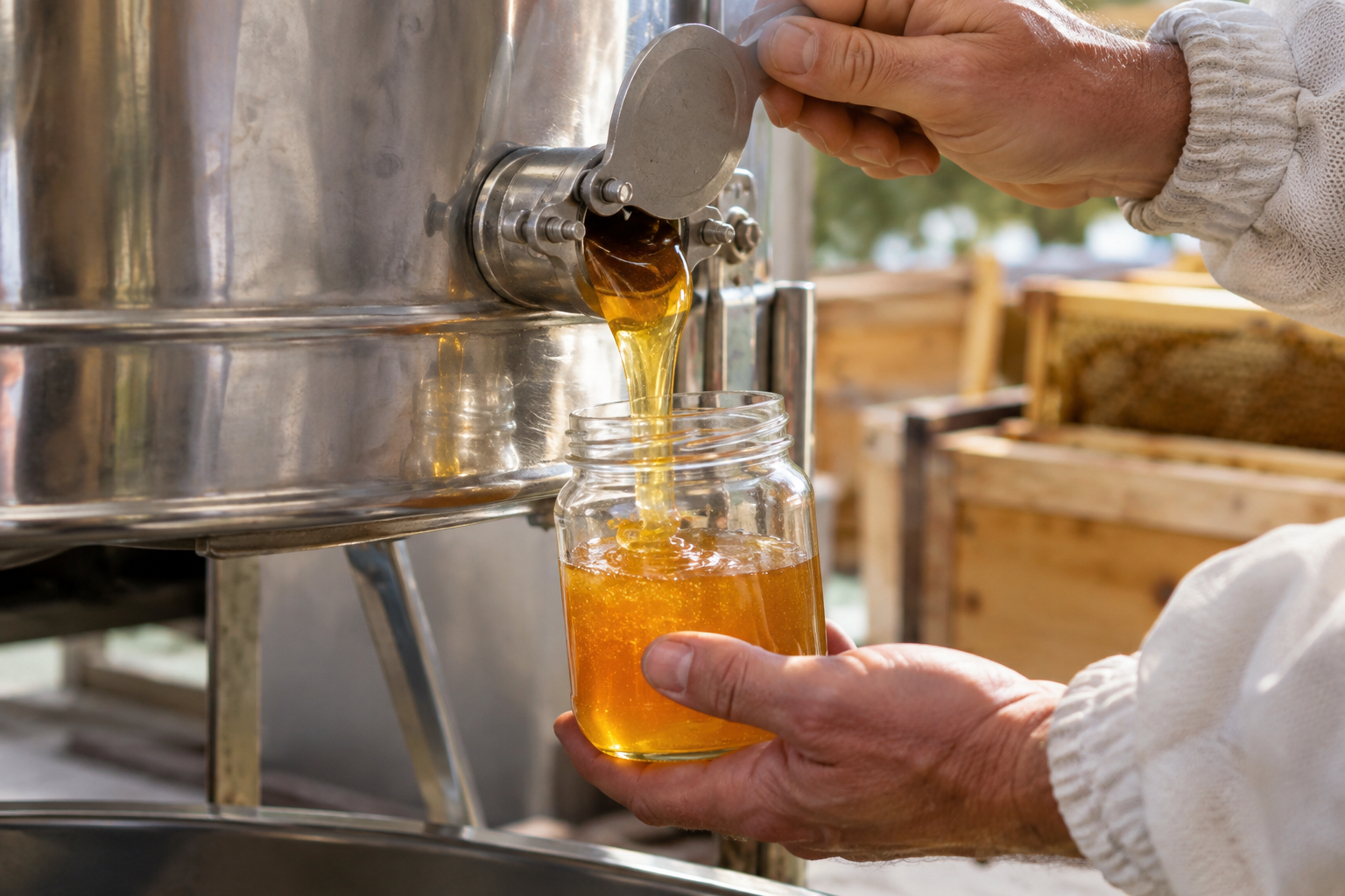 Beekeeper pouring raw golden honey into a glass jar