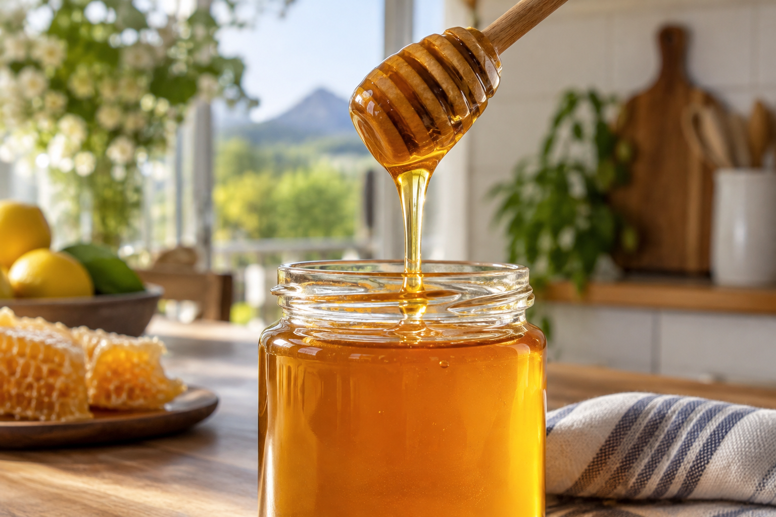 Wooden dipper drizzling raw golden honey into a jar
