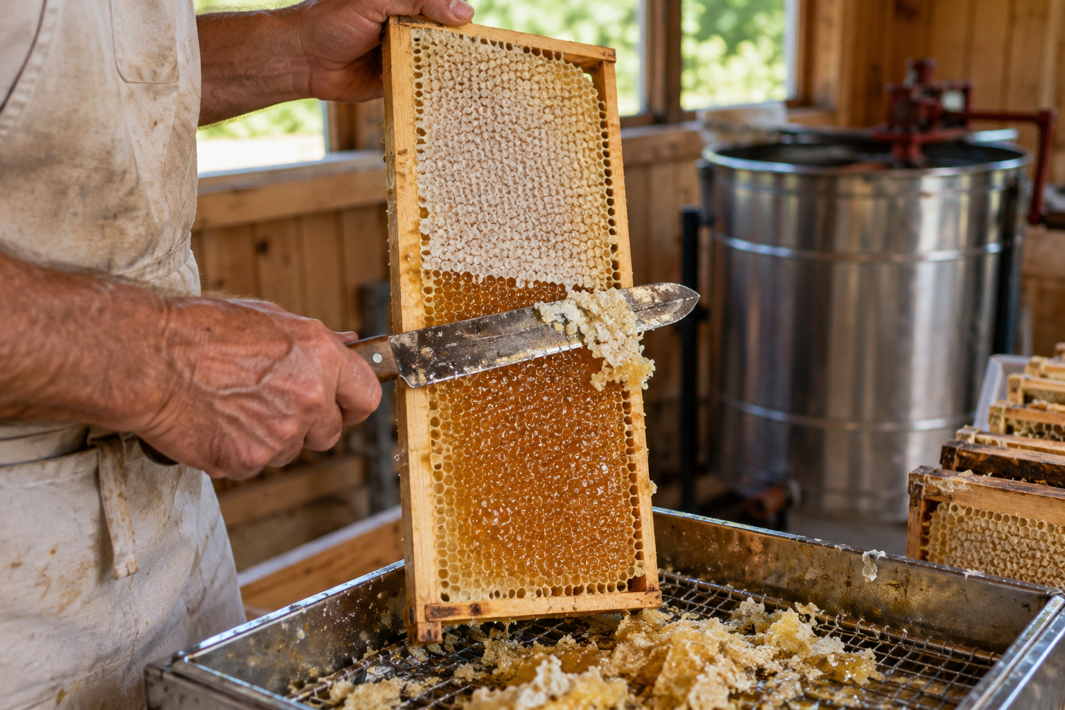 Honey frames being uncapped in a small extraction shed