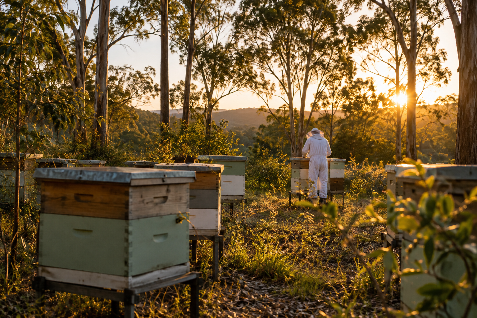 Beehives in a Queensland eucalypt forest at golden hour