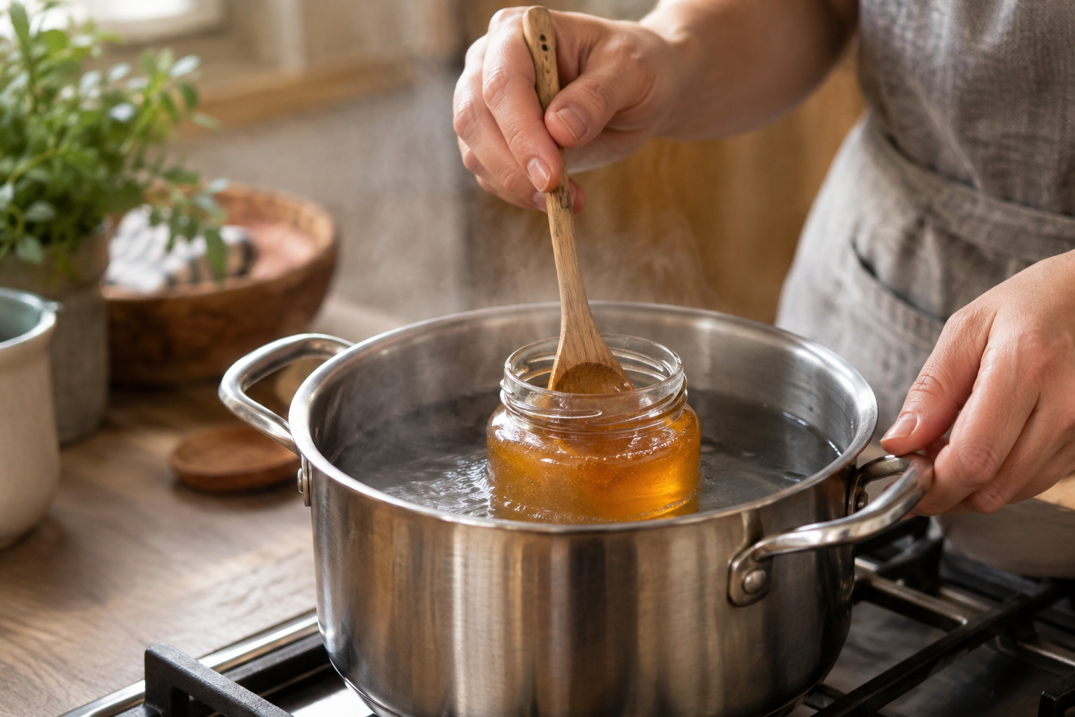 Jar of crystallised honey softening in a pot of warm water
