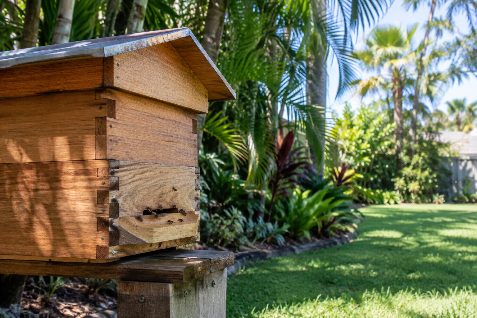 Wooden stingless bee hive box in a south-east Queensland backyard garden