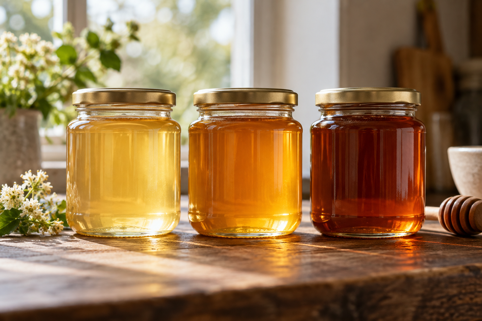 Three jars of raw honey from pale gold to dark amber