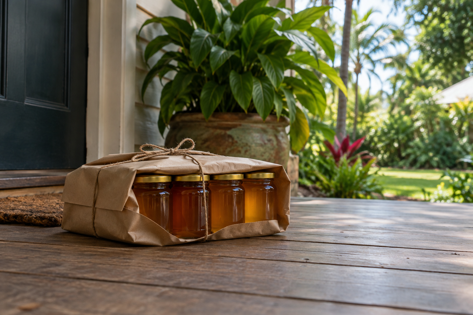Honey jars wrapped in kraft paper on a shaded verandah doorstep