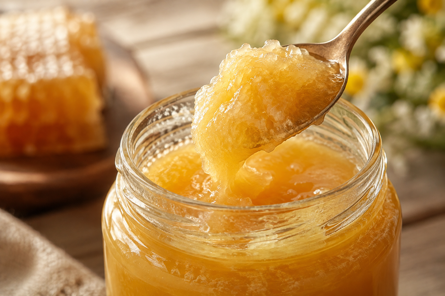 Spoon lifting thick set honey from a glass jar