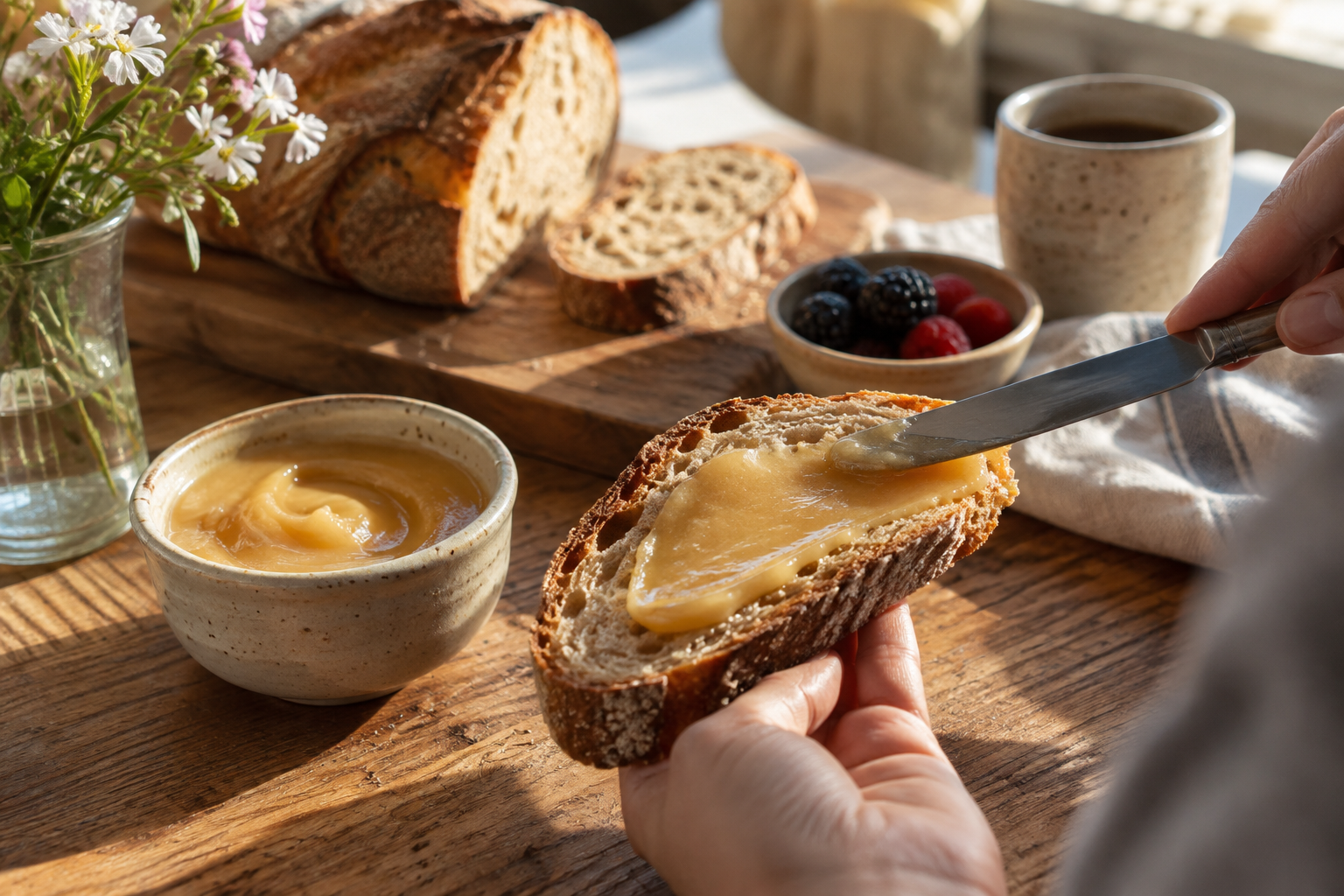 Set creamy honey spread on sourdough toast with a knife