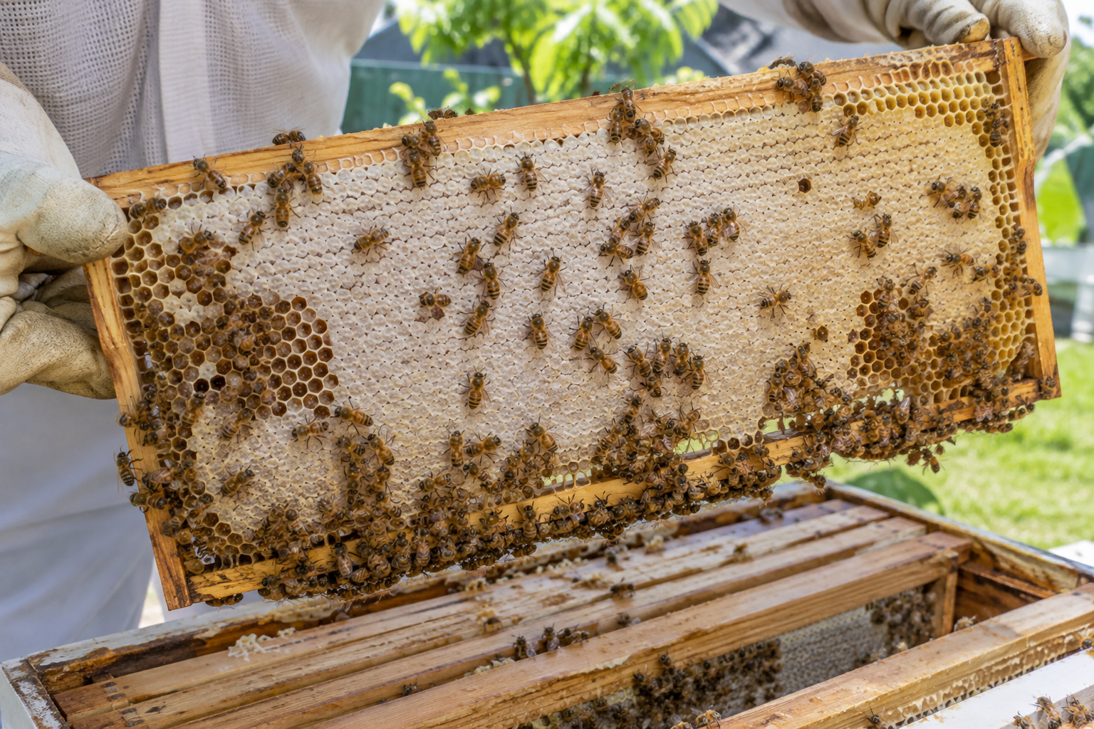 Capped honeycomb frame with bees in a Queensland backyard hive