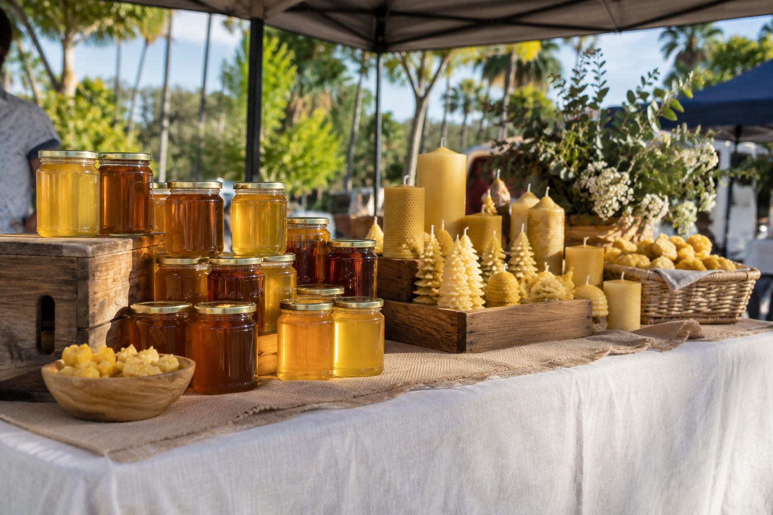 Honey jars and beeswax candles on a Queensland market stall