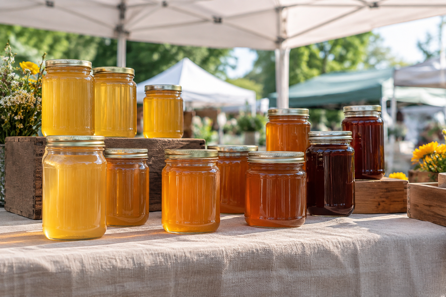 Jars of raw honey in different shades from pale gold to amber on a market stall