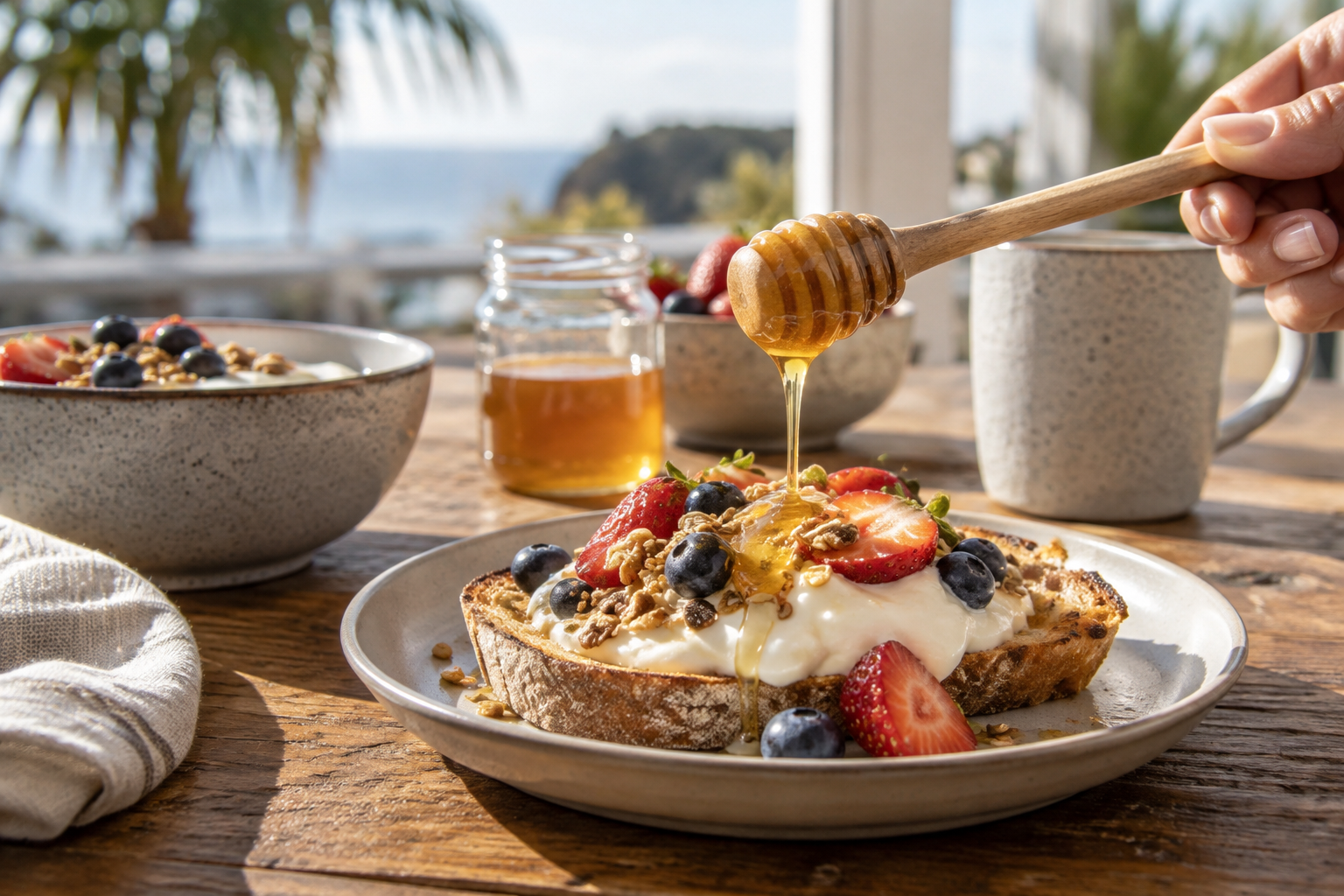 Creamy honey drizzled over toast and yoghurt