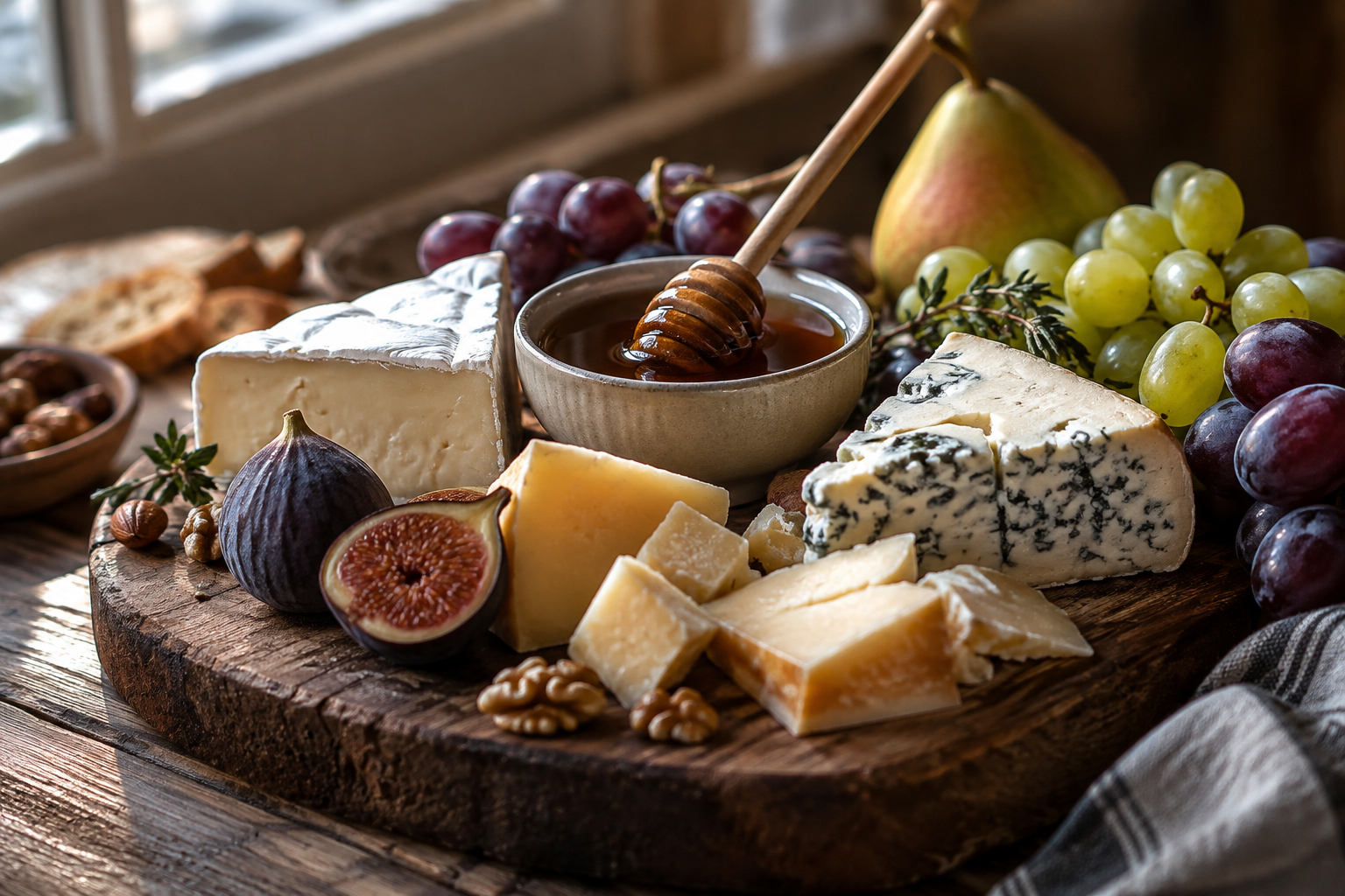 Cheese board with a bowl of dark amber raw honey and fruit