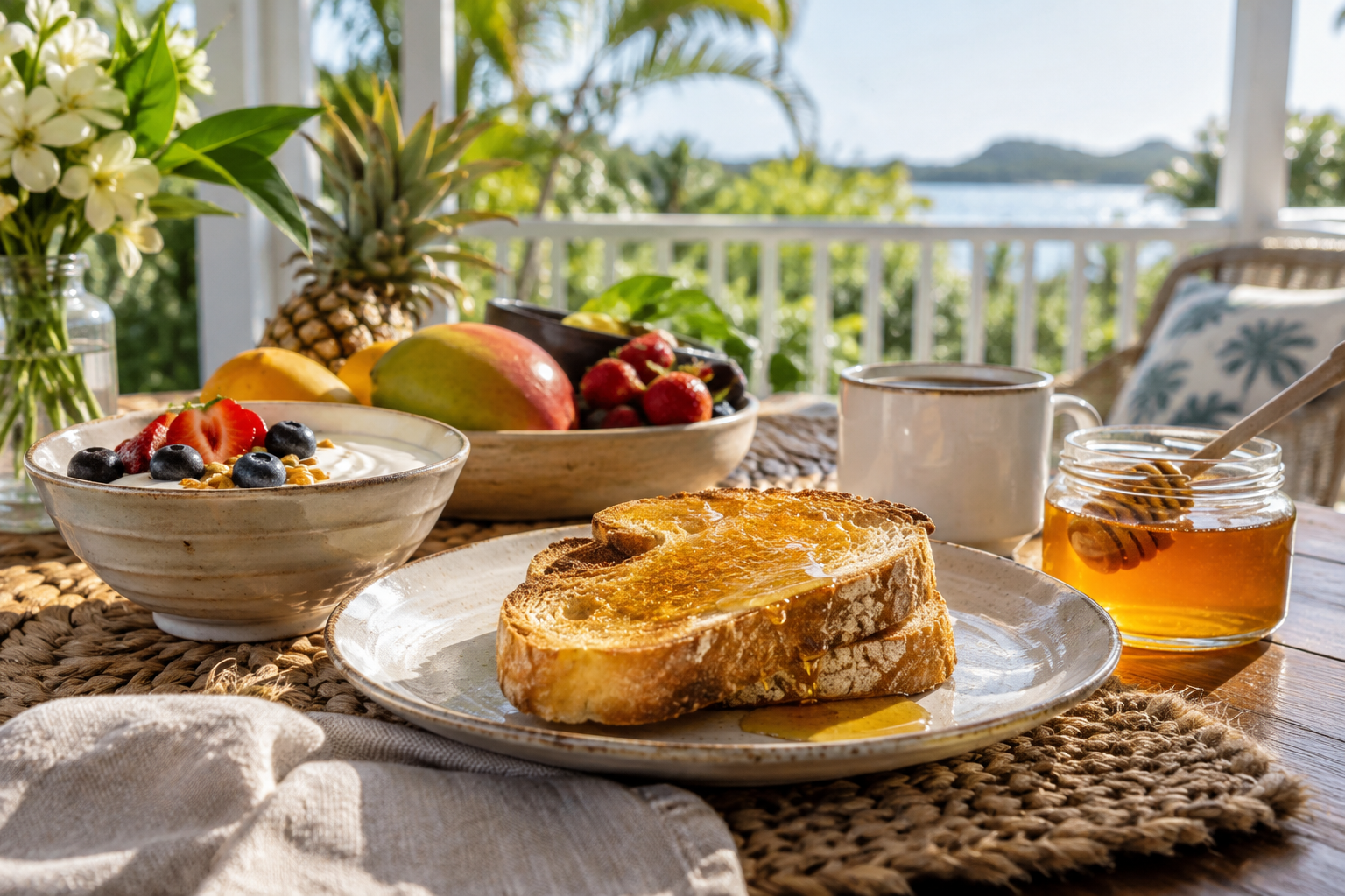 Breakfast table with yoghurt, fruit and toast drizzled with honey