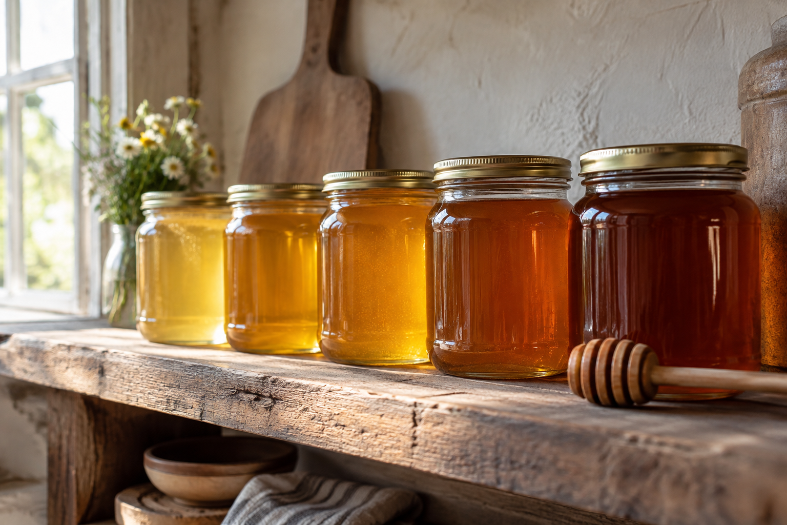 Jars of raw honey in different golden shades on a rustic pantry shelf