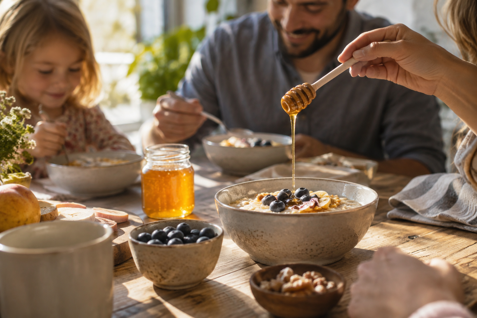 Honey drizzled over porridge on a family breakfast table beside a jar of raw honey