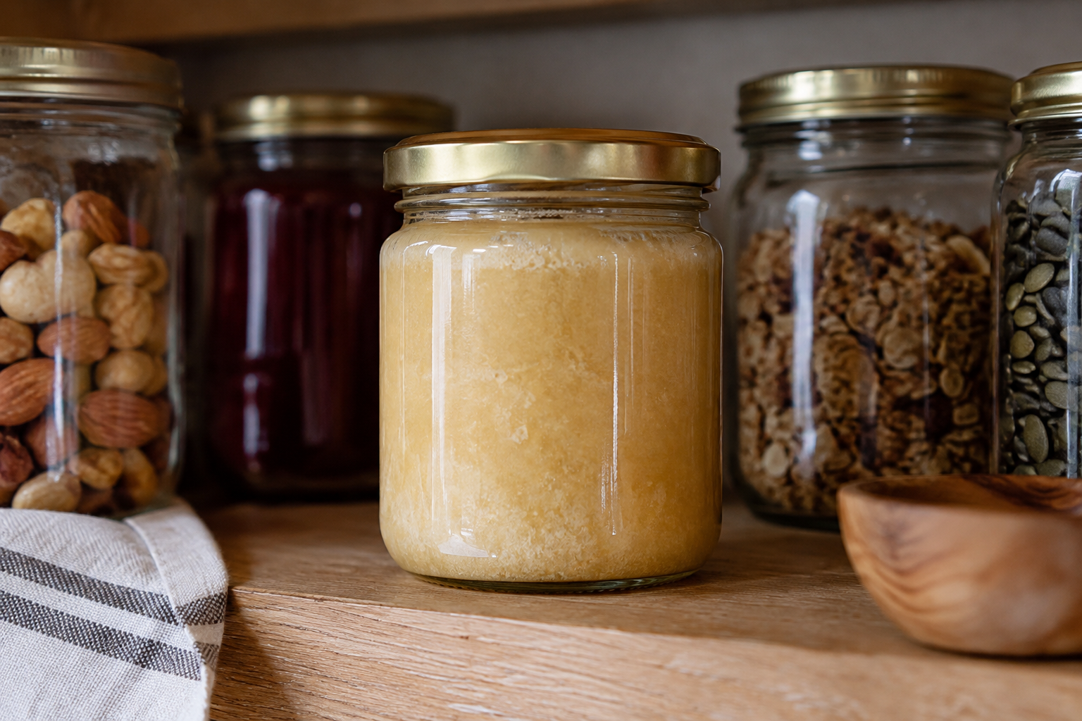 Jar of crystallised raw honey stored on a cool pantry shelf