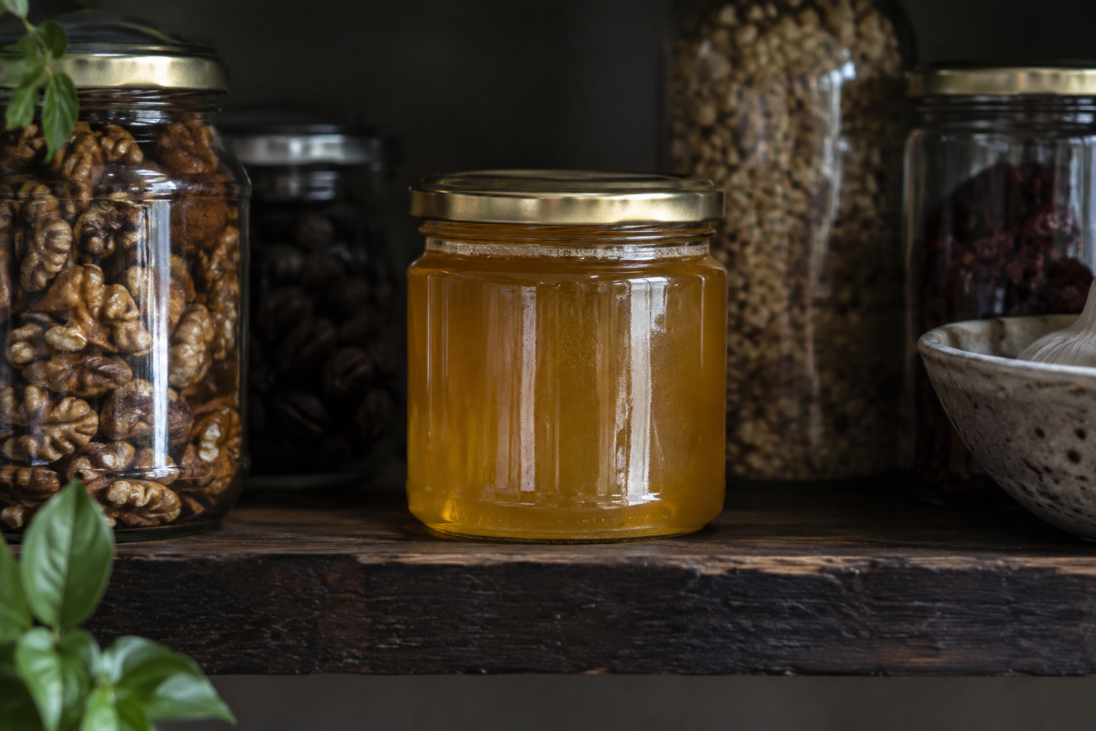 Sealed jar of raw honey stored on a cool pantry shelf