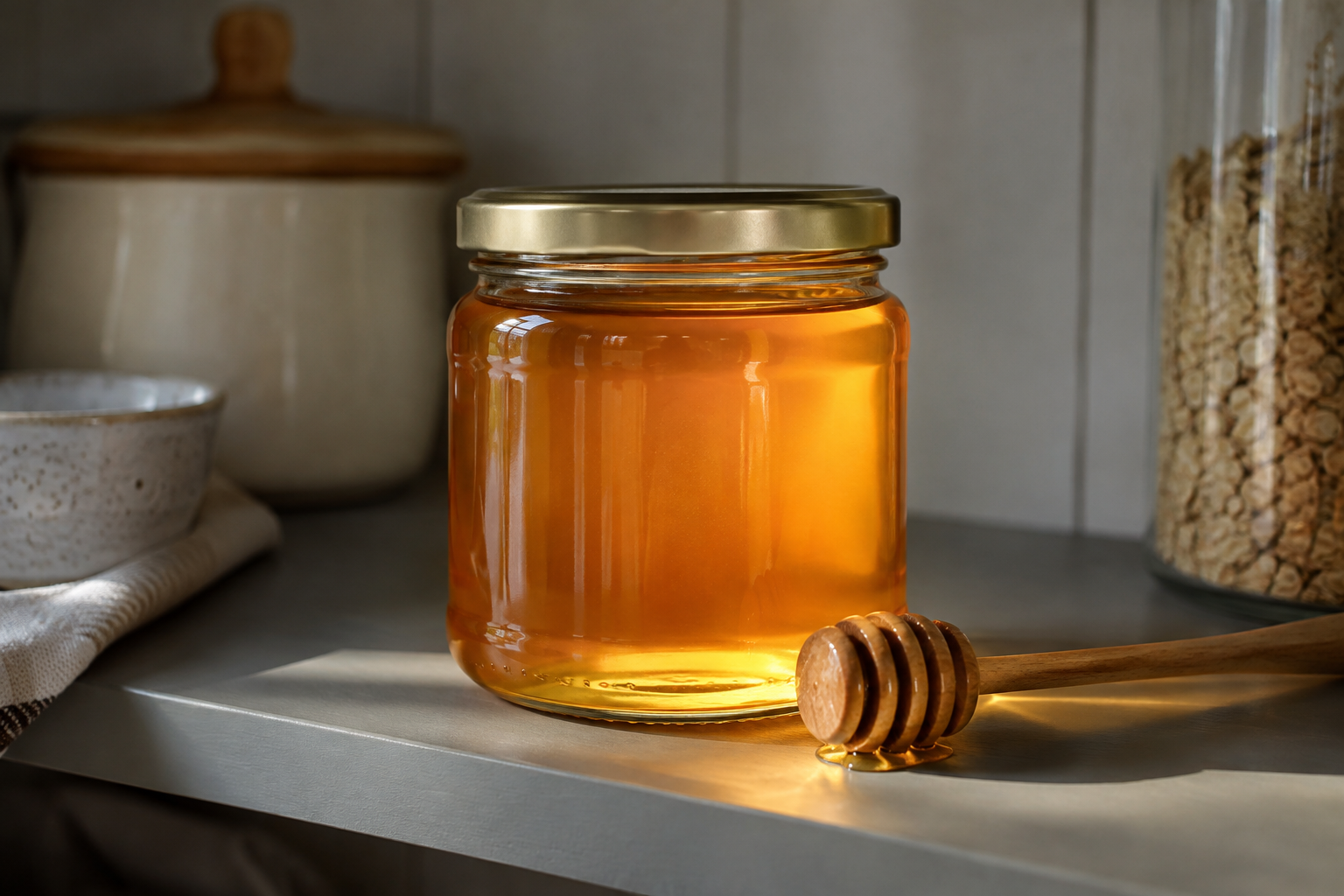 Sealed jar of raw honey on a cool pantry shelf