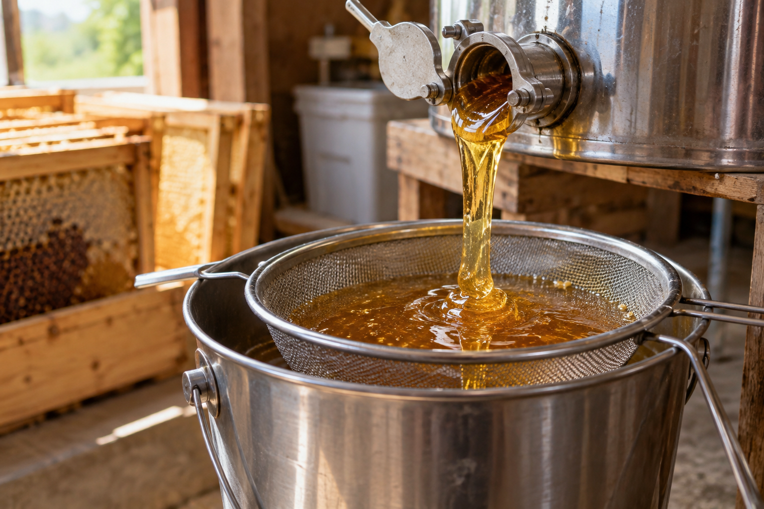 Golden honey being strained through mesh into a bucket
