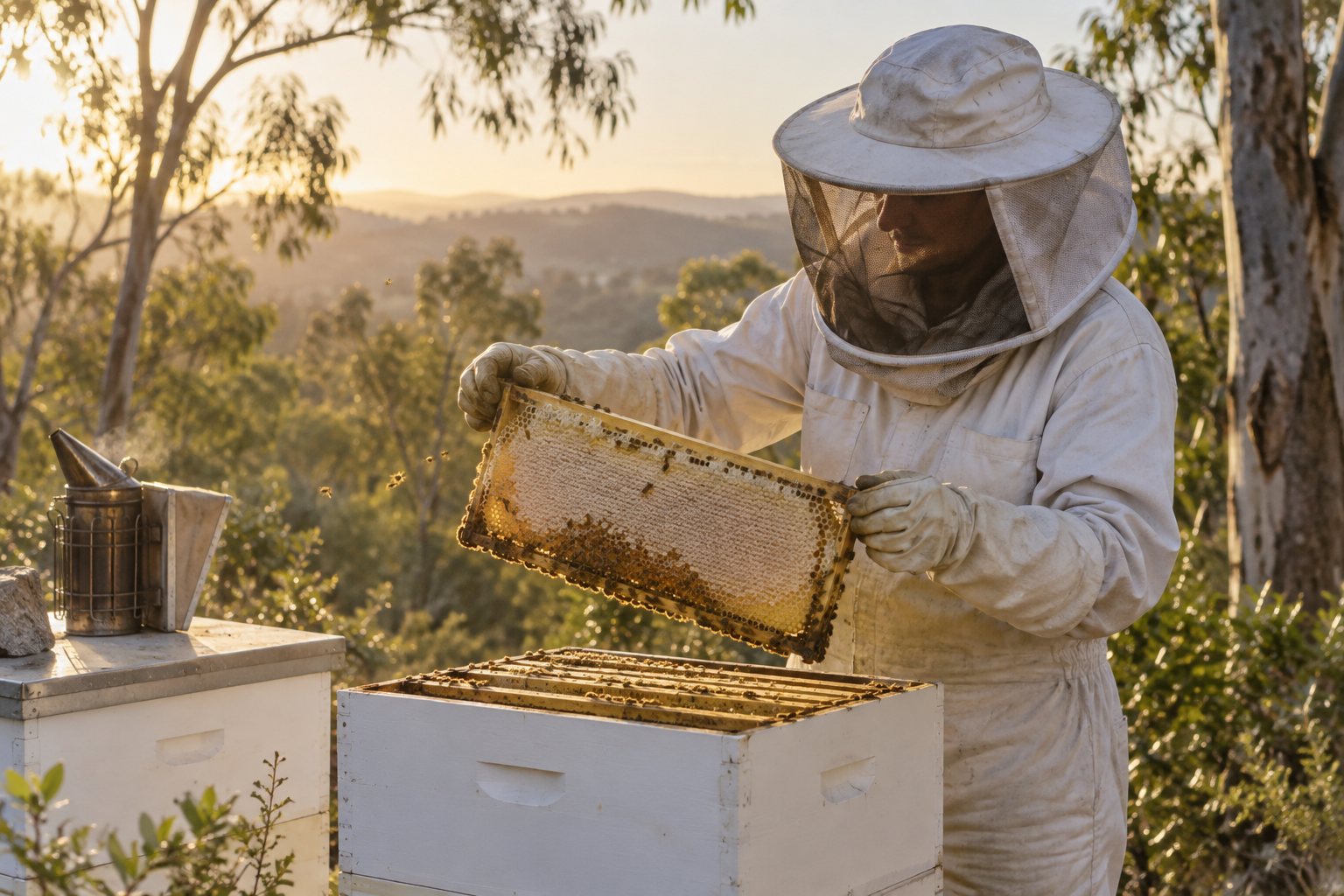 Beekeeper lifting a frame of capped honeycomb from a hive in South East Queensland bushland